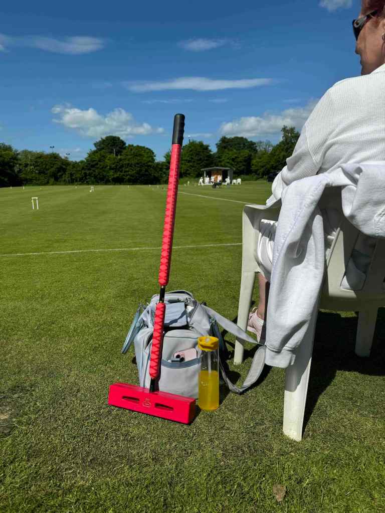 Anne waiting her turn, the red SP6 croquet mallet basking in the sun
