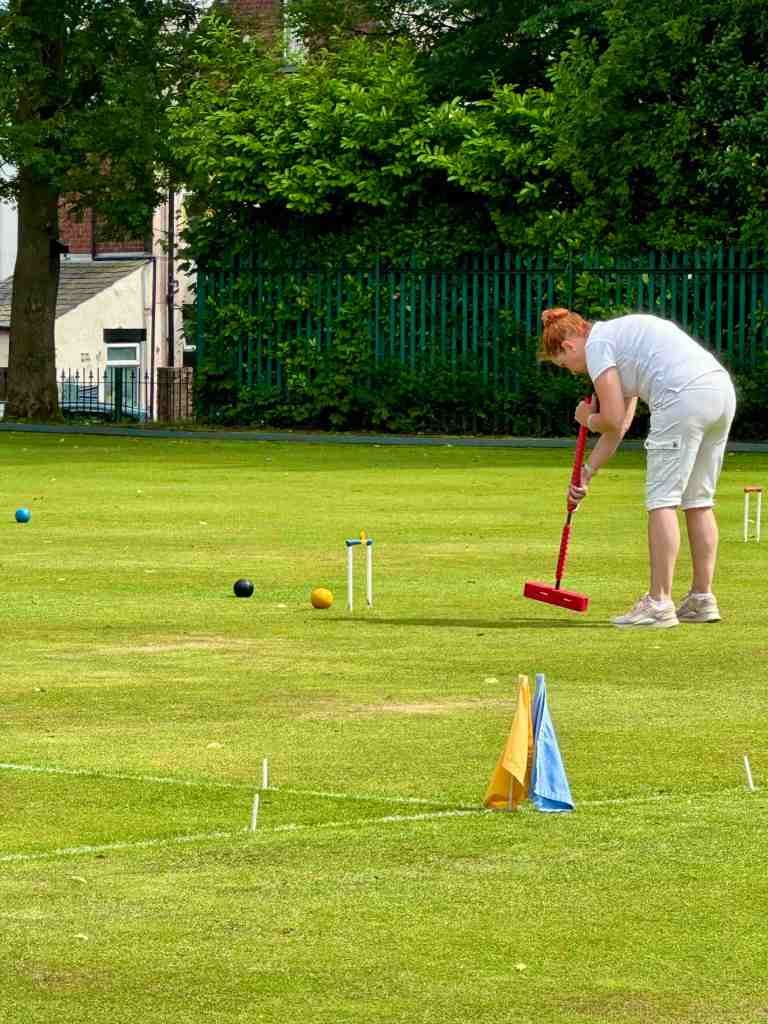 Anne with her DB croquet mallet during her Mary-Rose advanced win
